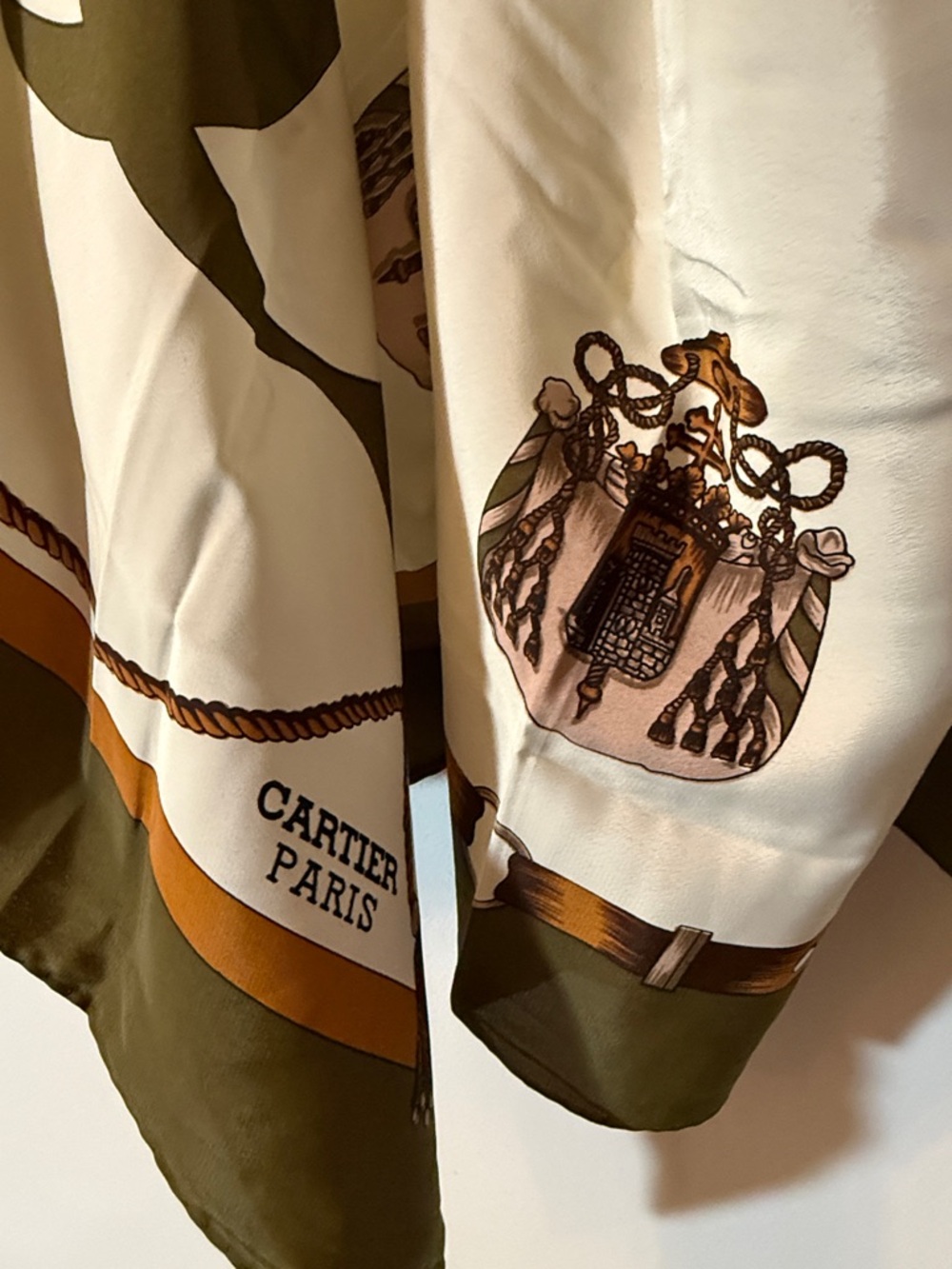 Vintage Cartier Olive, Ivory & Mustard Equestrian Silk Scarf - Picture 2 of 8